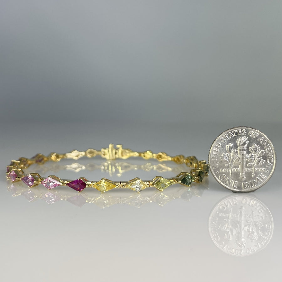 18K Yellow Gold Kite Shape Colored Sapphire Tennis Bracelet 3.90ct