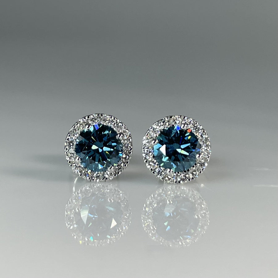 14K White Gold Lab Grown Blue & White Diamond Studs 1.22ct