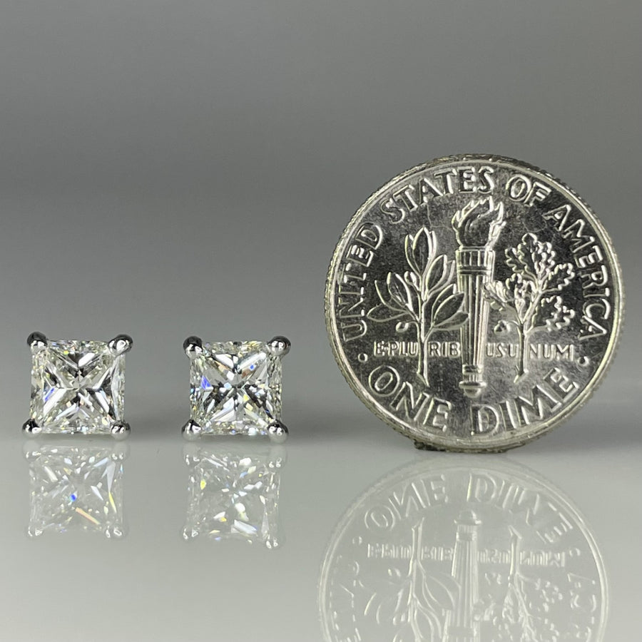 14K White Gold Lab Grown Princess Cut Diamond Stud Earrings 1.90ct E/VS