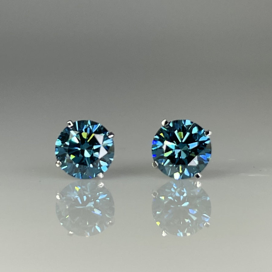 14K White Gold Lab Grown Round Blue Diamond Stud Earrings 1.59ct