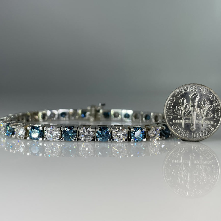 14K White Gold Lab Grown Blue and White Diamond Tennis Bracelet 11.88ct
