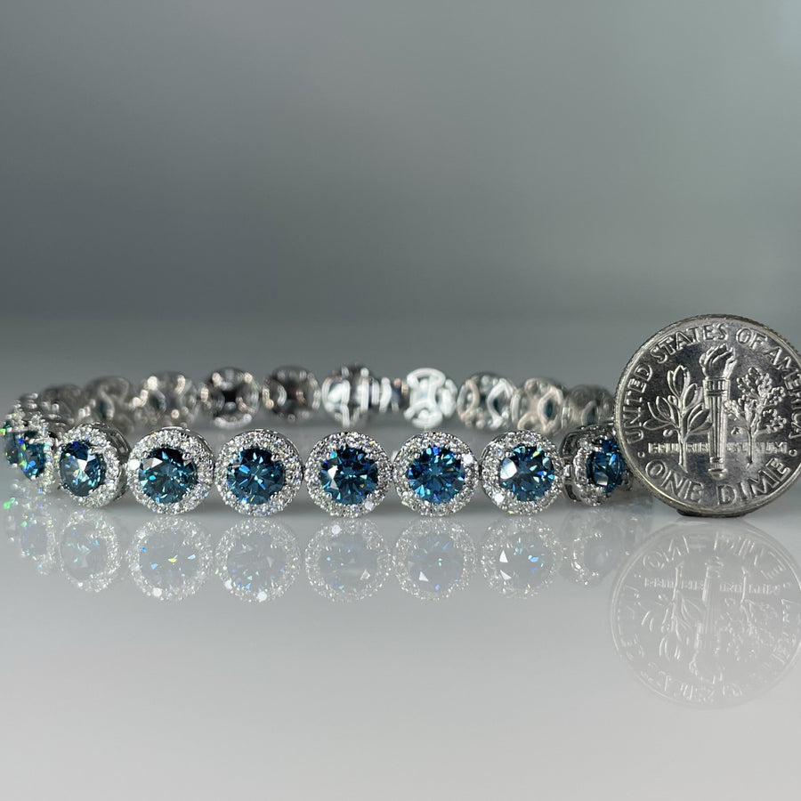 14K White Gold Lab Grown Blue and White Diamond Tennis Bracelet 12.84ct