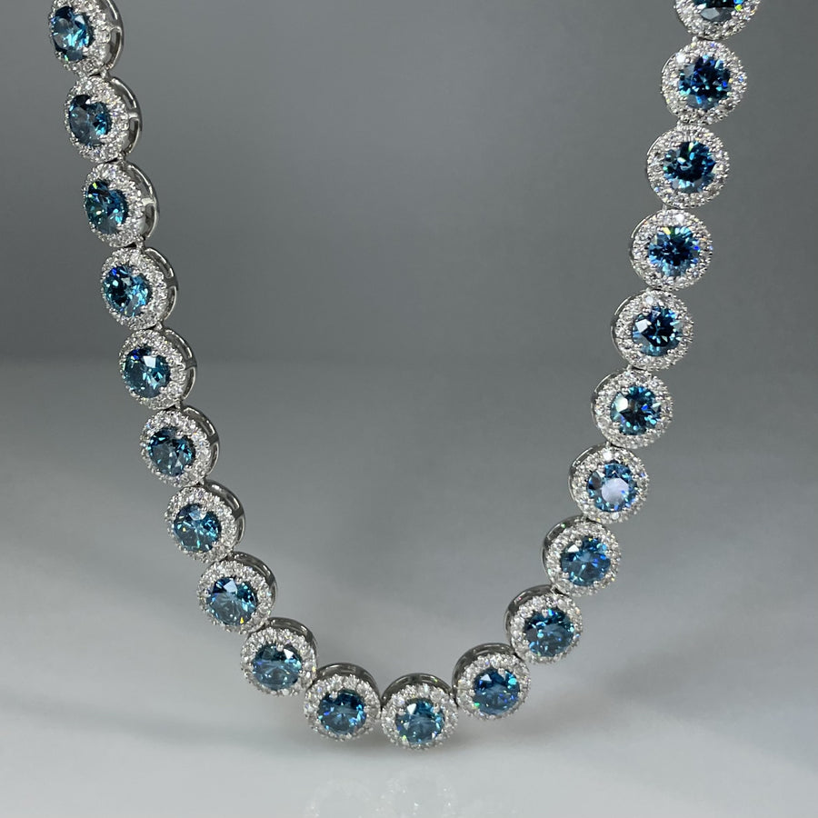 14K White Gold Lab Grown Round Blue and White Diamond Necklace 24.32ct