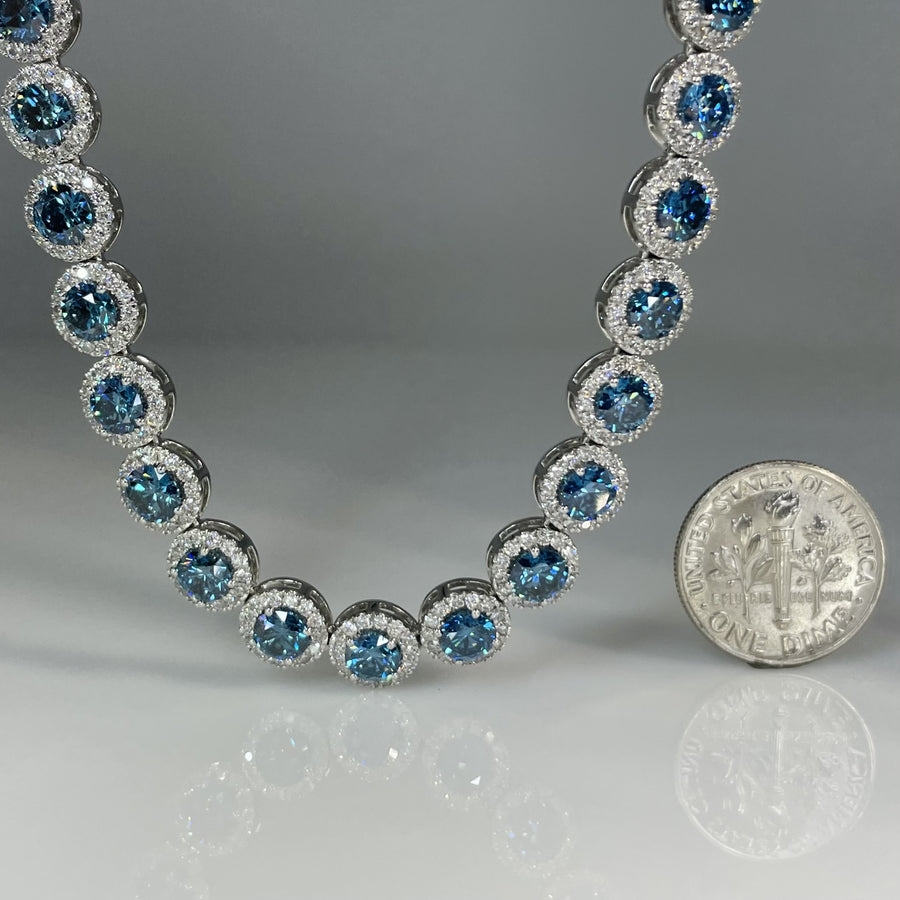 14K White Gold Lab Grown Round Blue and White Diamond Necklace 24.32ct