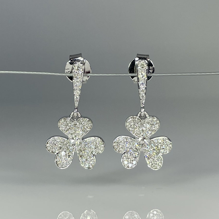 14K White Gold Natural Diamond Clover Dangle Earrings 1.00ct