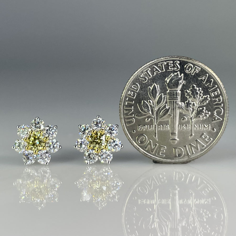 18K White Gold Natural White and Yellow Diamond Flower Stud Earrings