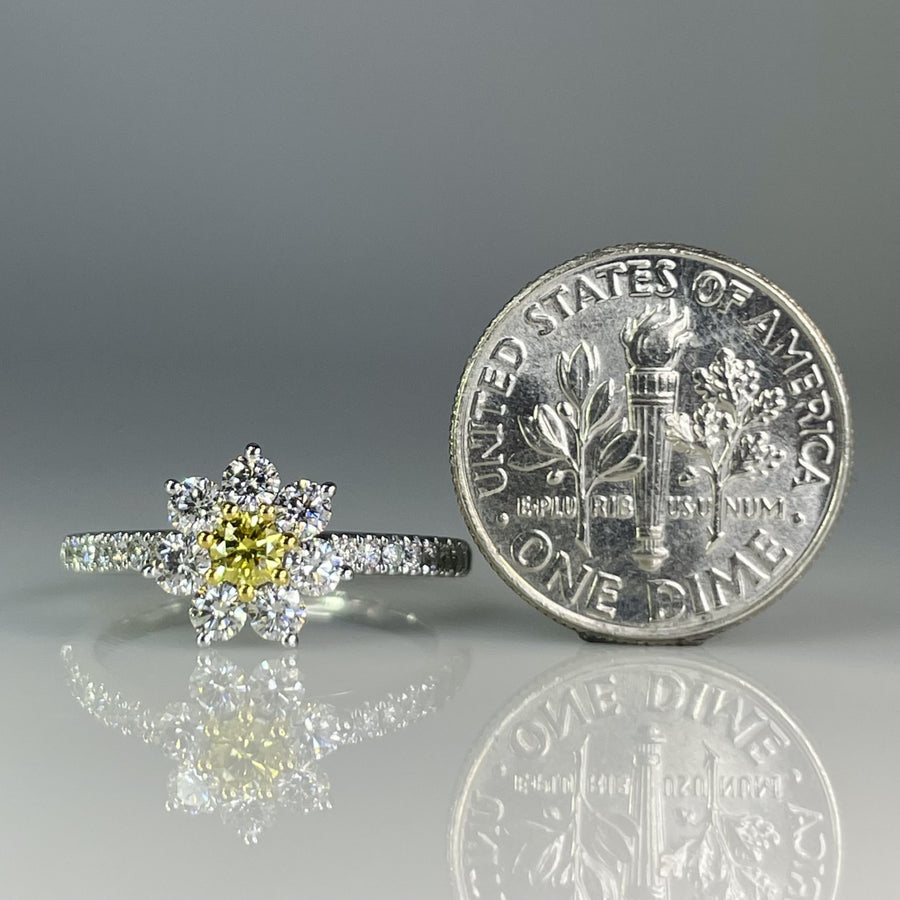 18K White Gold Natural Yellow and White Diamond Flower Ring 0.75ct