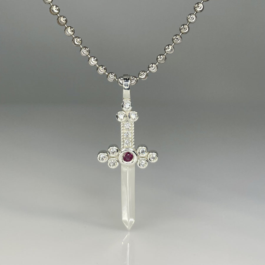 Sterling Silver Ruby and White Diamond Dagger Necklace 0.07/0.17ct
