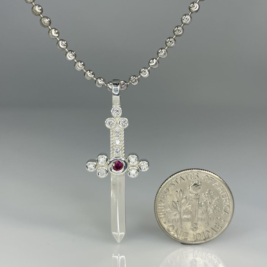 Sterling Silver Ruby and White Diamond Dagger Necklace 0.07/0.17ct