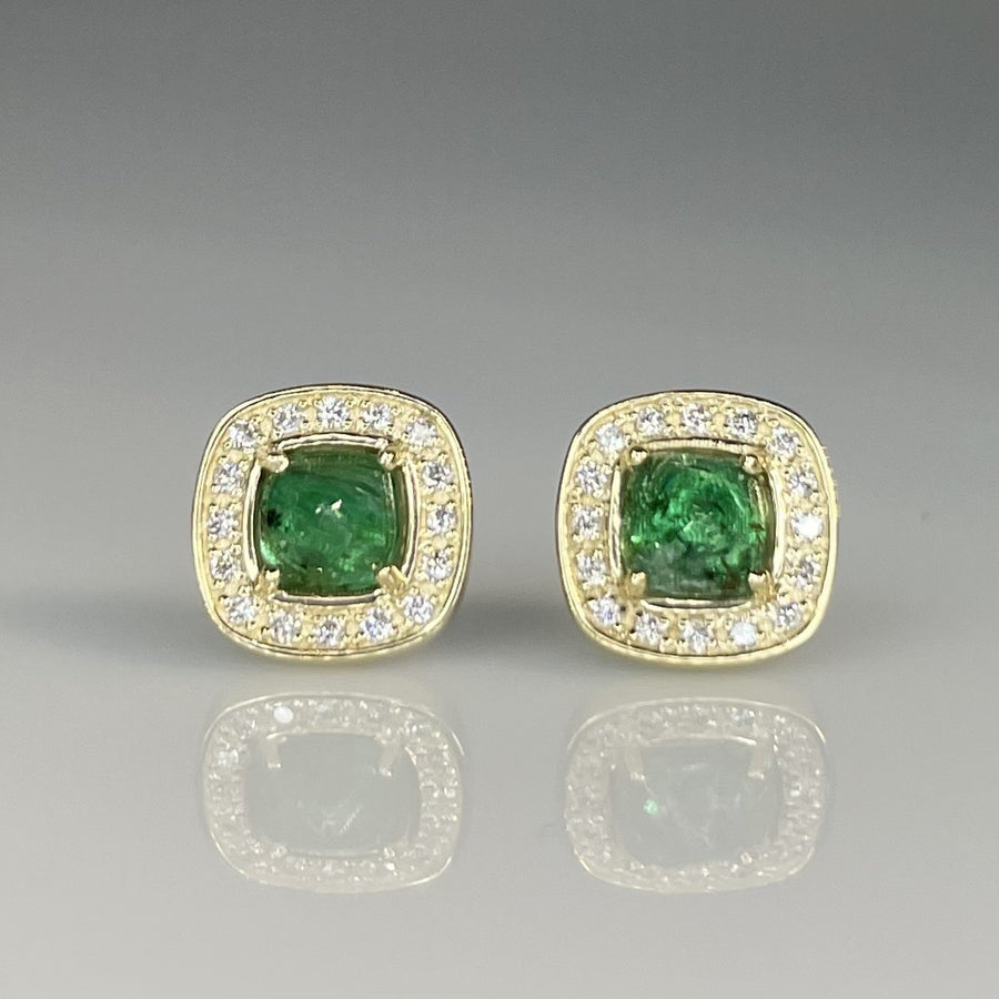 14K Yellow Gold Emerald and Diamond Sugarloaf Stud Earrings 1.43ct/0.32ct