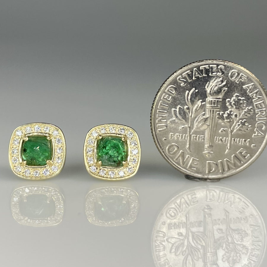 14K Yellow Gold Emerald and Diamond Sugarloaf Stud Earrings 1.43ct/0.32ct