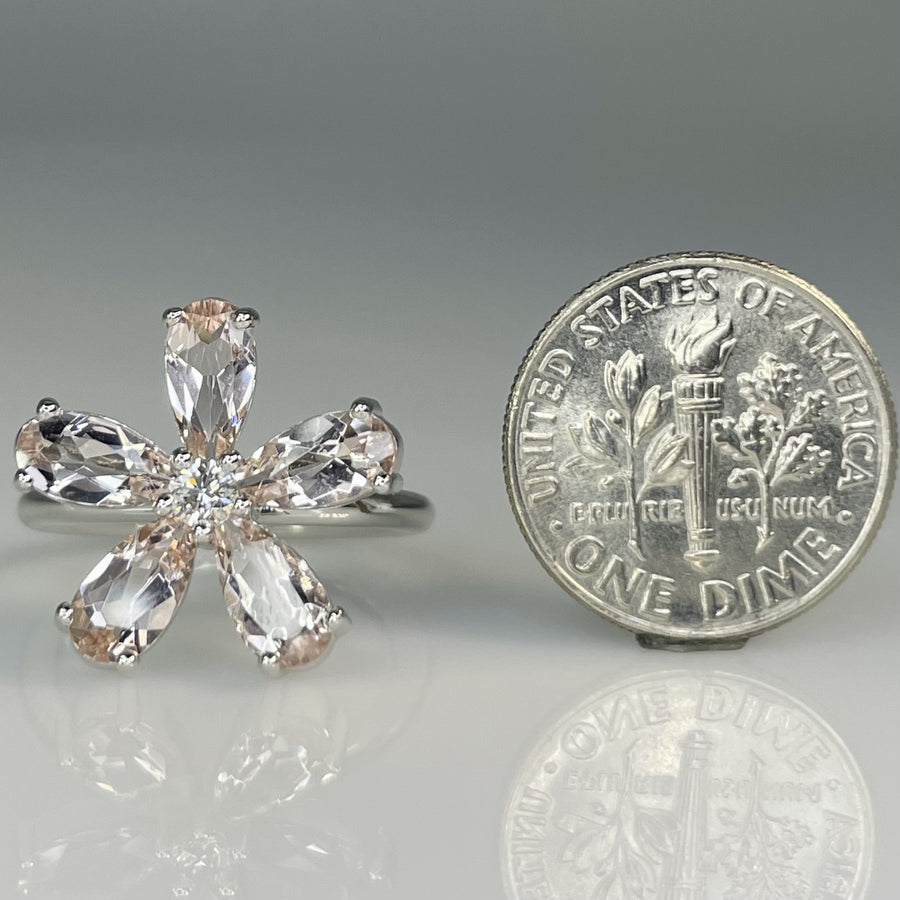 14K White Gold Morganite and Diamond Flower Ring 2.3ct/0.12ct