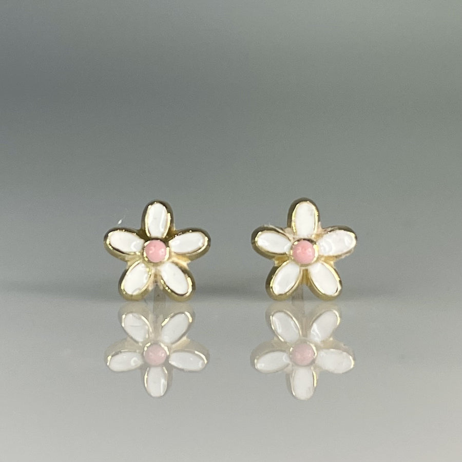 14K Yellow Gold Enamel Flower Stud Earrings 6mm