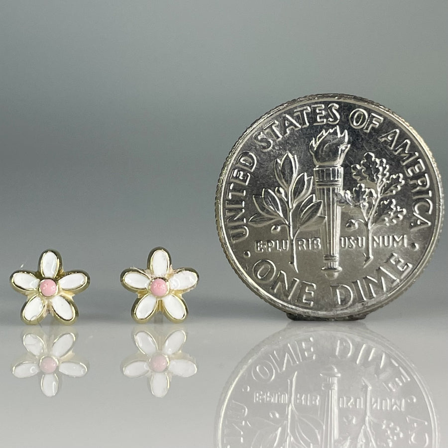 14K Yellow Gold Enamel Flower Stud Earrings 6mm