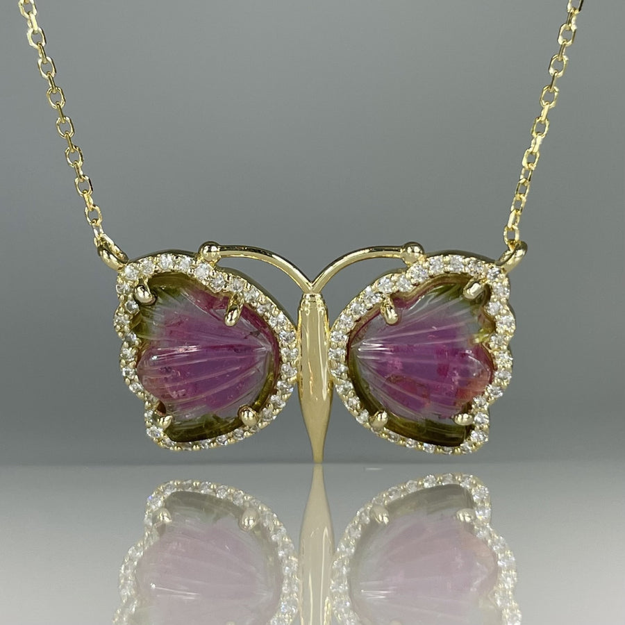 14K Yellow Gold Watermelon Tourmaline and Natural Diamond Butterfly Necklace 5ct/0.39ct