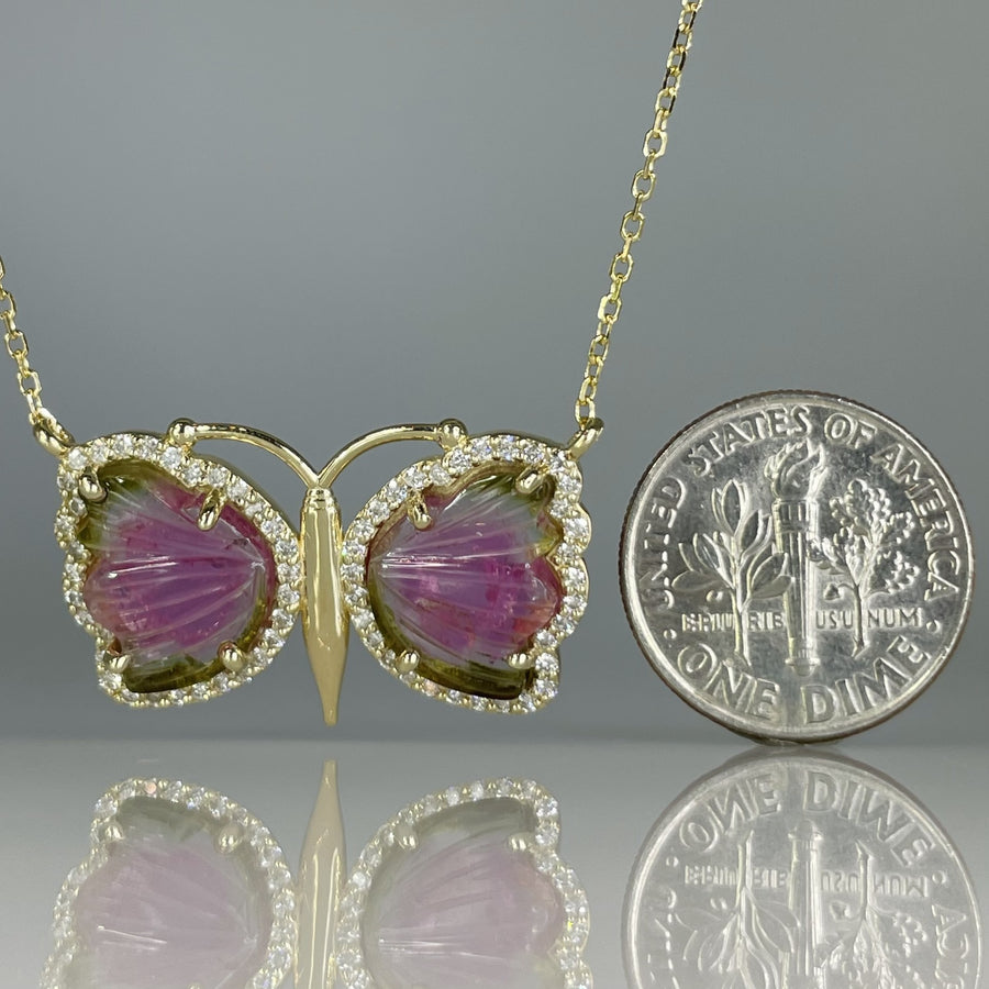 14K Yellow Gold Watermelon Tourmaline and Natural Diamond Butterfly Necklace 5ct/0.39ct