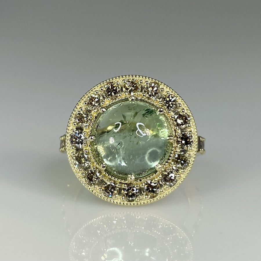 14K Yellow Gold Green Tourmaline & Champagne Diamond Ring 5.30ct/1.37ct