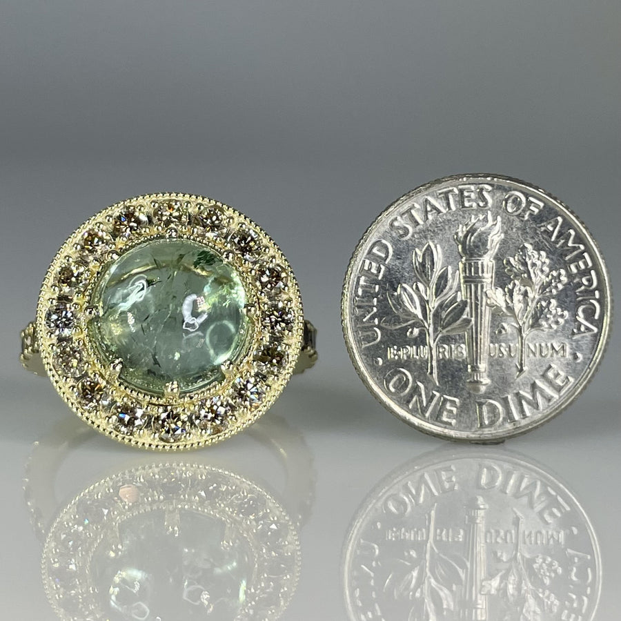 14K Yellow Gold Green Tourmaline & Champagne Diamond Ring 5.30ct/1.37ct