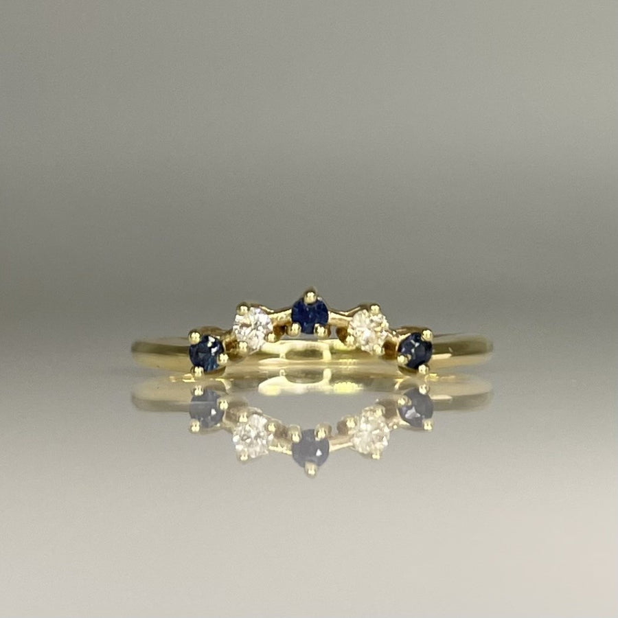 14K Yellow Gold Natural Diamond and Blue Sapphire Ring 0.07ct/0.13ct