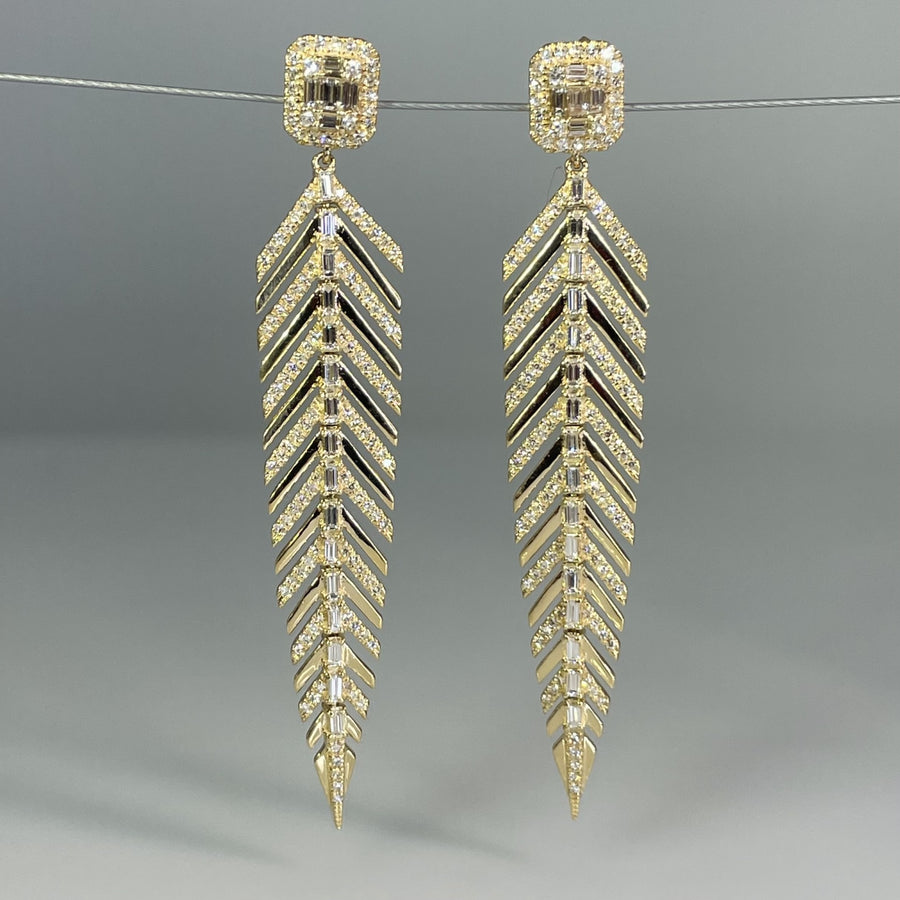 14K Yellow Gold Natural Diamond Feather Earrings 1.19ct