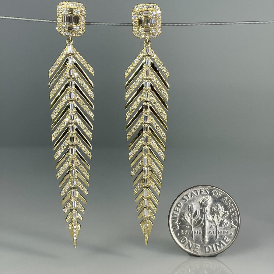 14K Yellow Gold Natural Diamond Feather Earrings 1.19ct
