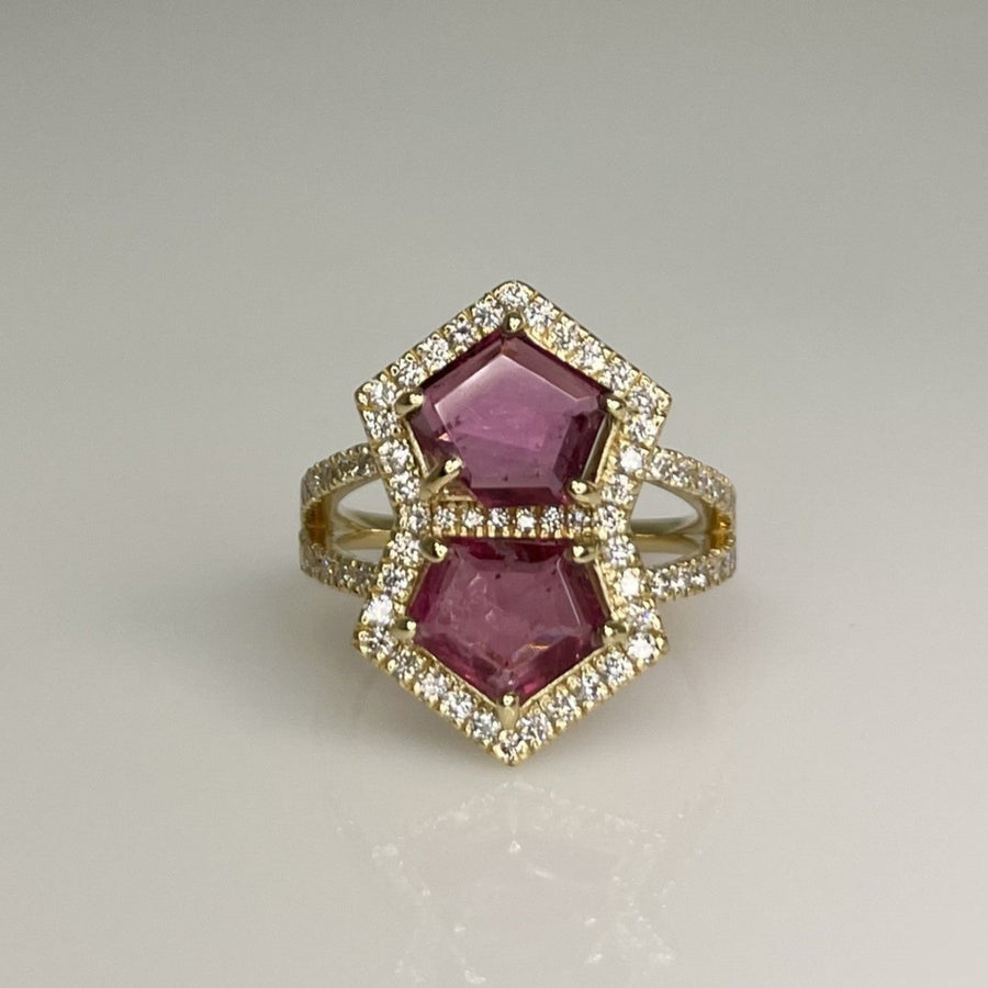 14K Yellow Gold Diamond & Pink Tourmaline Double Pentagon Ring 1.24ct/8.48ct