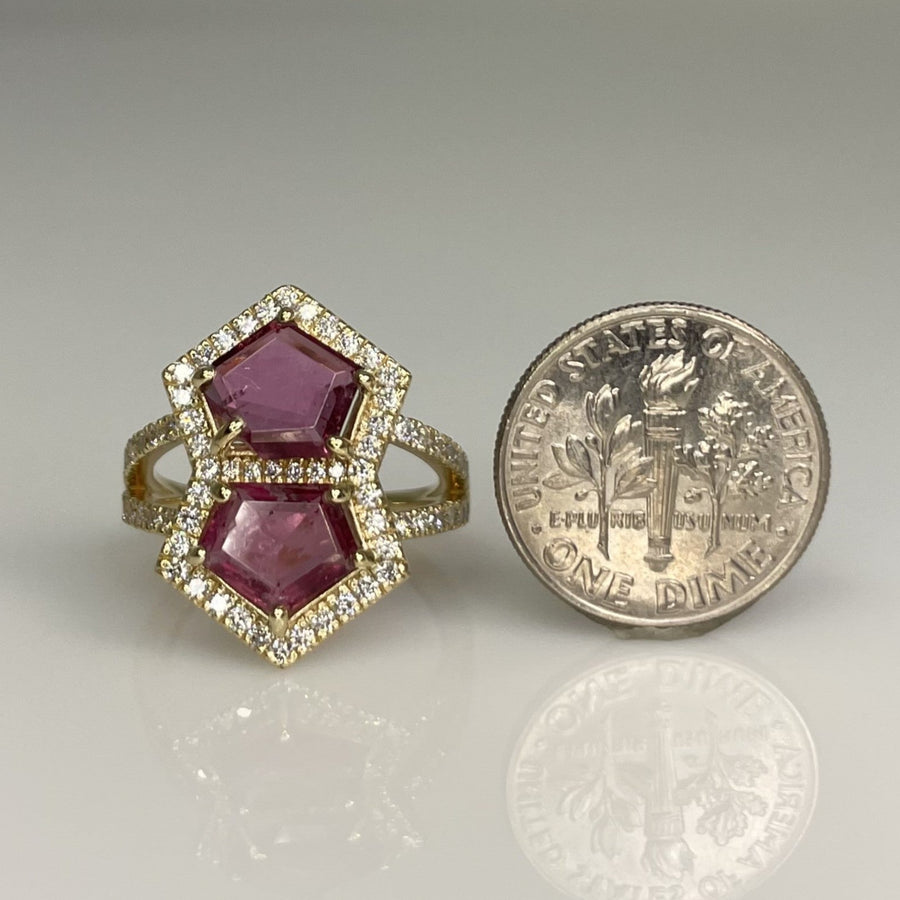 14K Yellow Gold Diamond & Pink Tourmaline Double Pentagon Ring 1.24ct/8.48ct