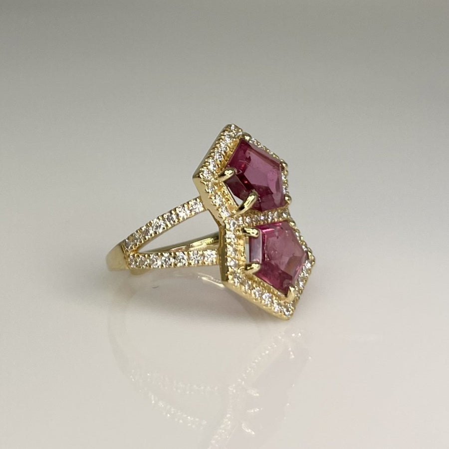 14K Yellow Gold Diamond & Pink Tourmaline Double Pentagon Ring 1.24ct/8.48ct