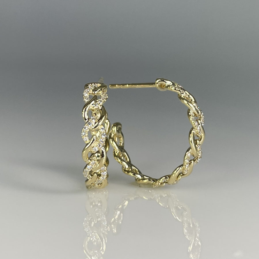 14K Yellow Gold Natural Diamond Chain Link Hoop Earrings 0.18ct