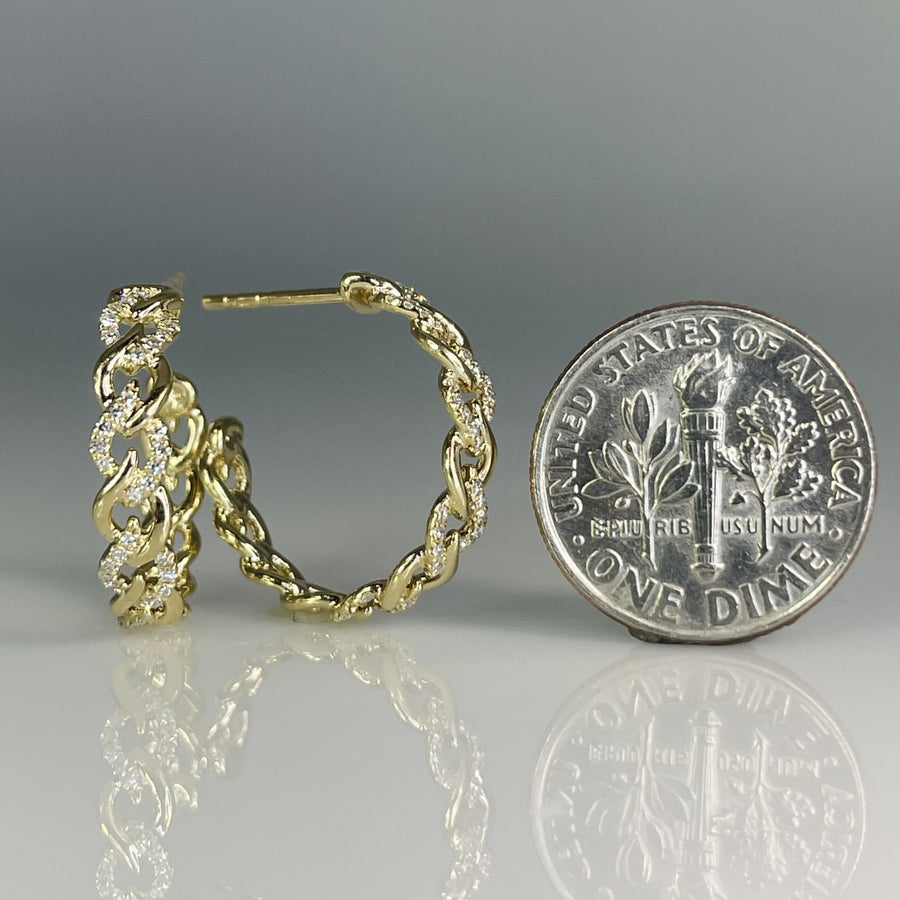 14K Yellow Gold Natural Diamond Chain Link Hoop Earrings 0.18ct