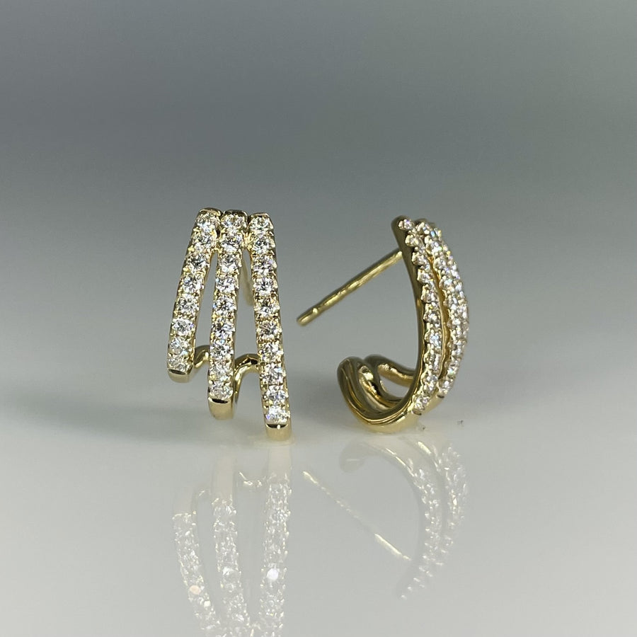 14K Yellow Gold Triple Row Natural Diamond Earrings 0.48ct