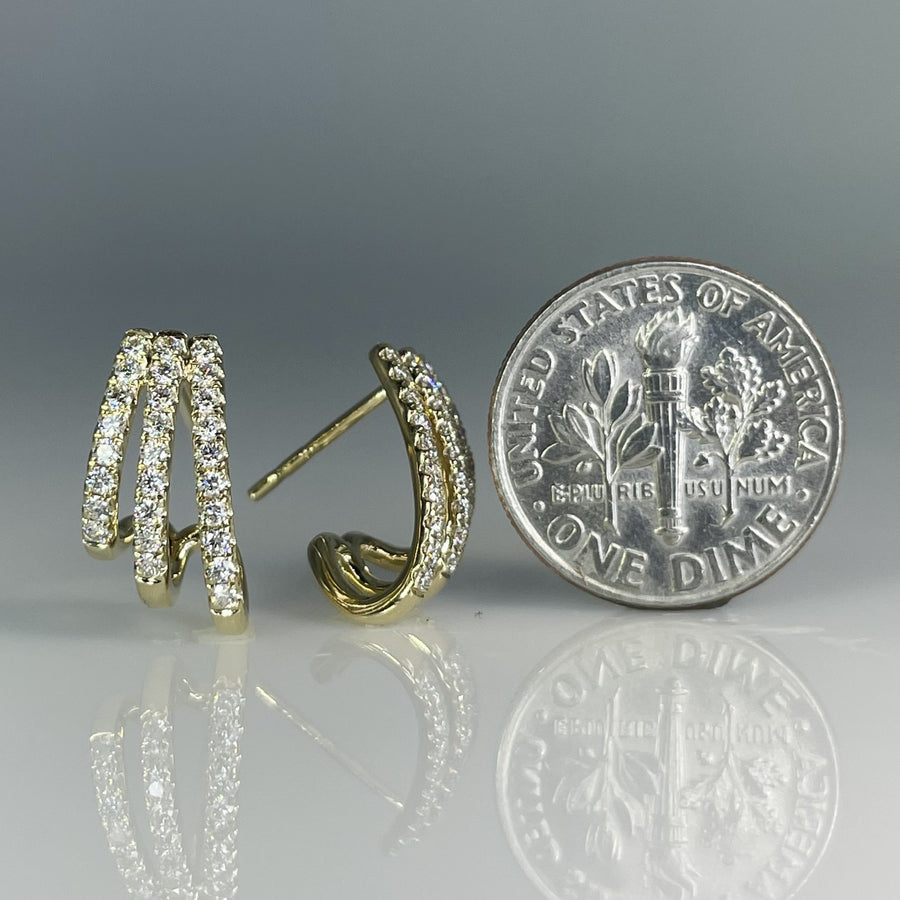 14K Yellow Gold Triple Row Natural Diamond Earrings 0.48ct