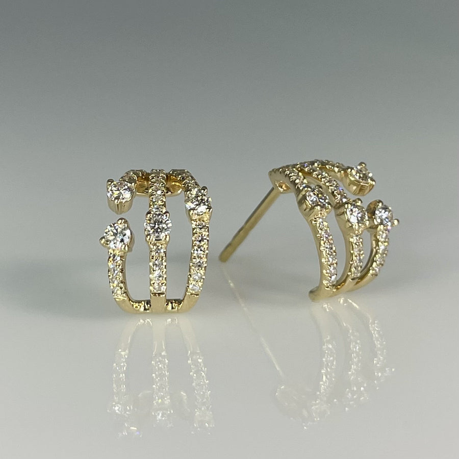 14K Yellow Gold Natural Diamond 3 Row Huggie Earrings 0.36ct
