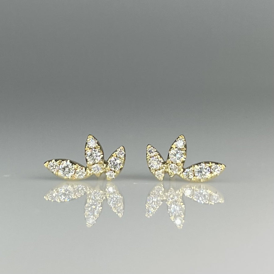 14K Yellow Gold Natural Diamond 3 Leaf Stud Earring 0.16ct
