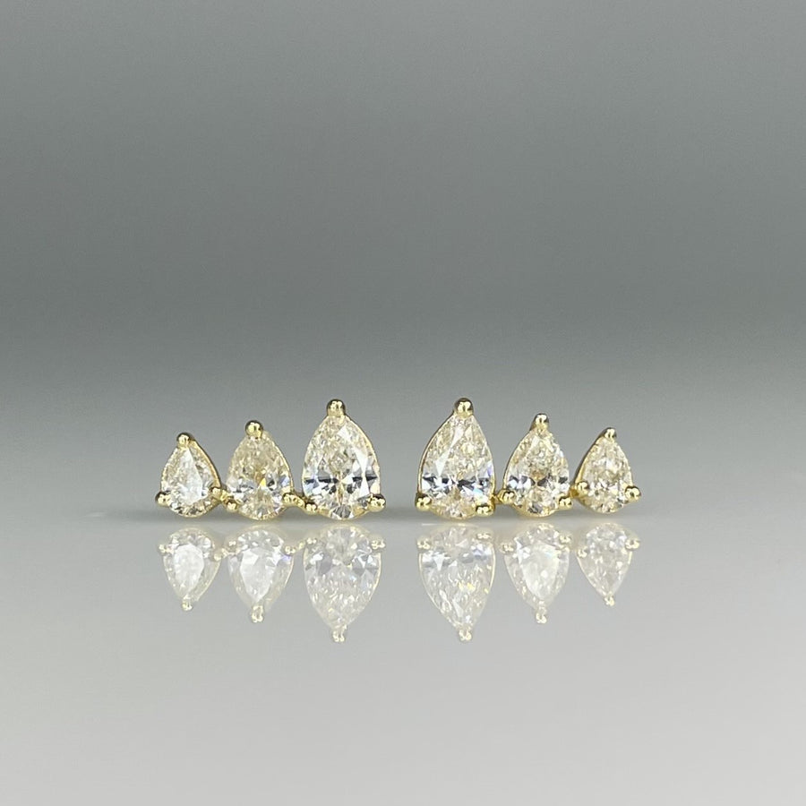 14K Yellow Gold 3 Row Pear Natural Diamond Stud Earrings 0.69ct