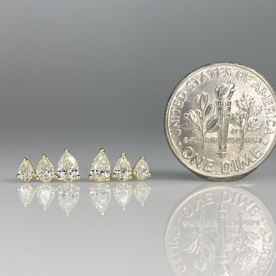14K Yellow Gold 3 Row Pear Natural Diamond Stud Earrings 0.69ct