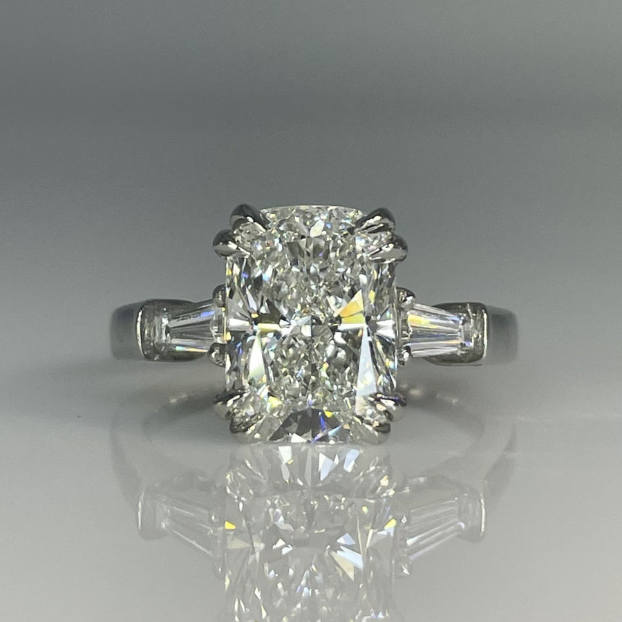 Platinum Lab Grown Cushion & Baguette Cut Diamond Ring 3.09/0.27ct F/VS1
