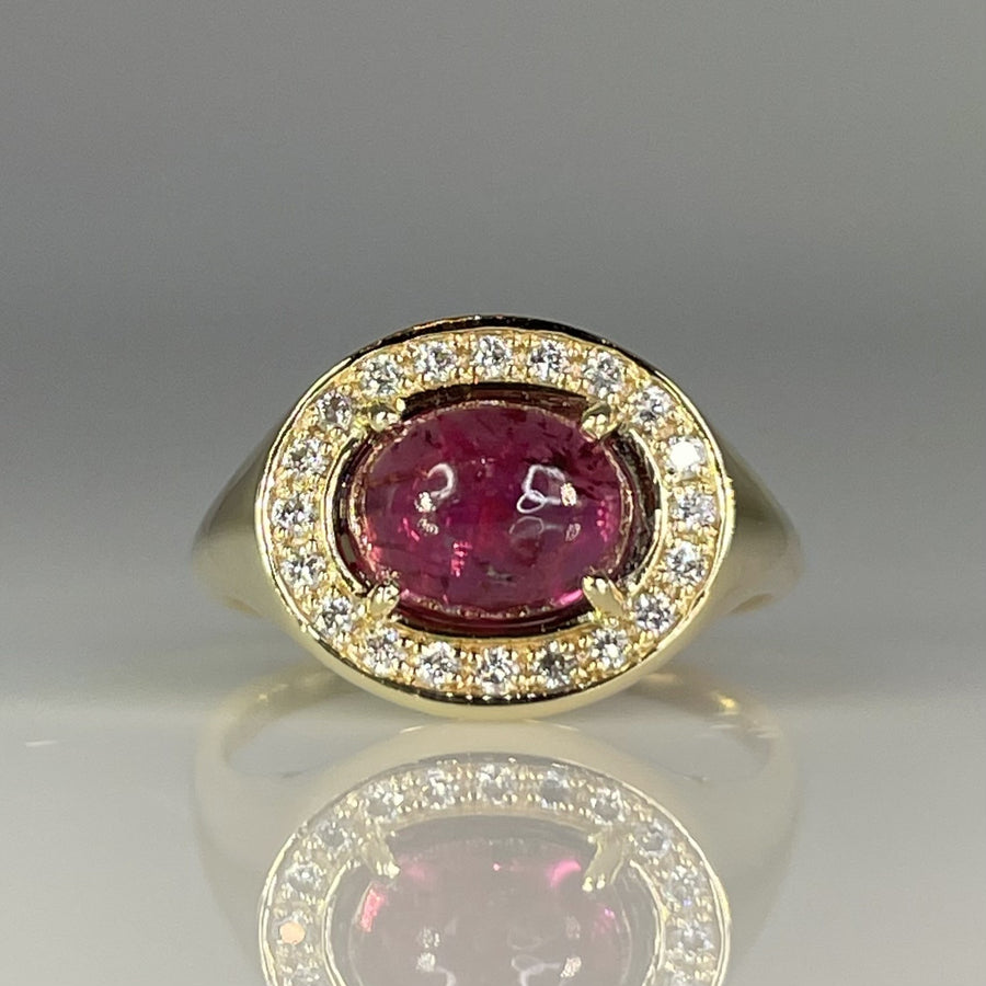 14K Yellow Gold Cabochon Pink Tourmaline & Diamond Ring 1.80/0.16ct