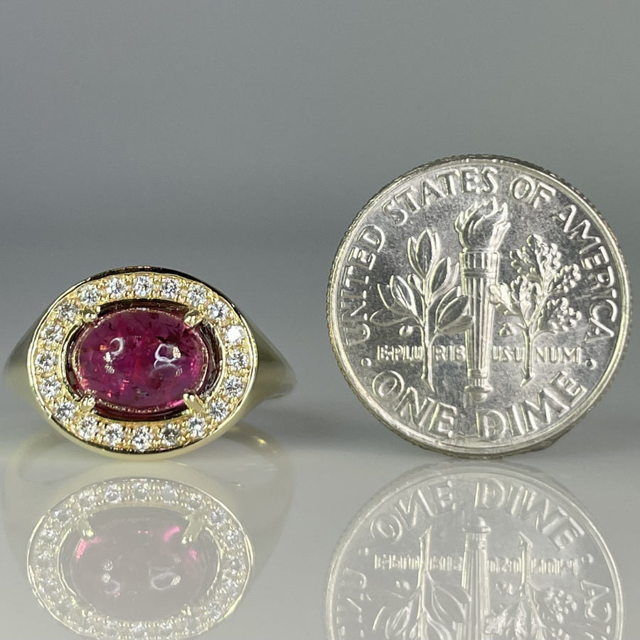 14K Yellow Gold Cabochon Pink Tourmaline & Diamond Ring 1.80/0.16ct