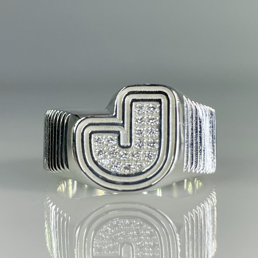 14K White Gold Natural Diamond Initial Ring 0.22ct