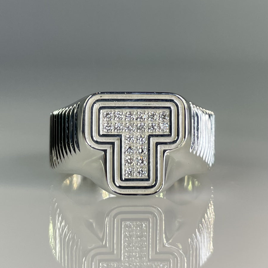 14K White Gold Natural Diamond Initial Ring 0.22ct
