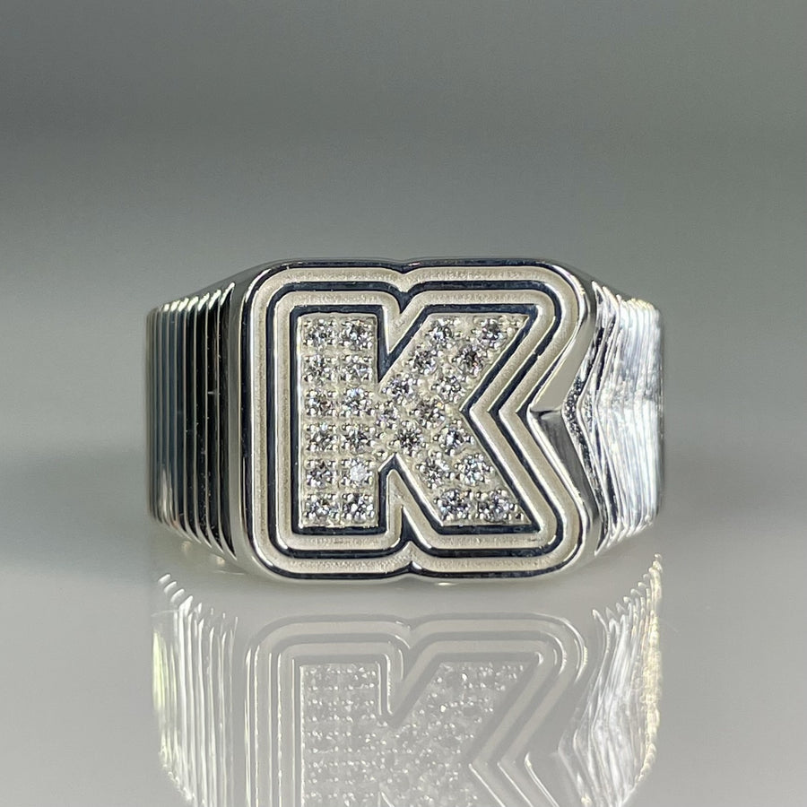 14K White Gold Natural Diamond Initial Ring 0.22ct