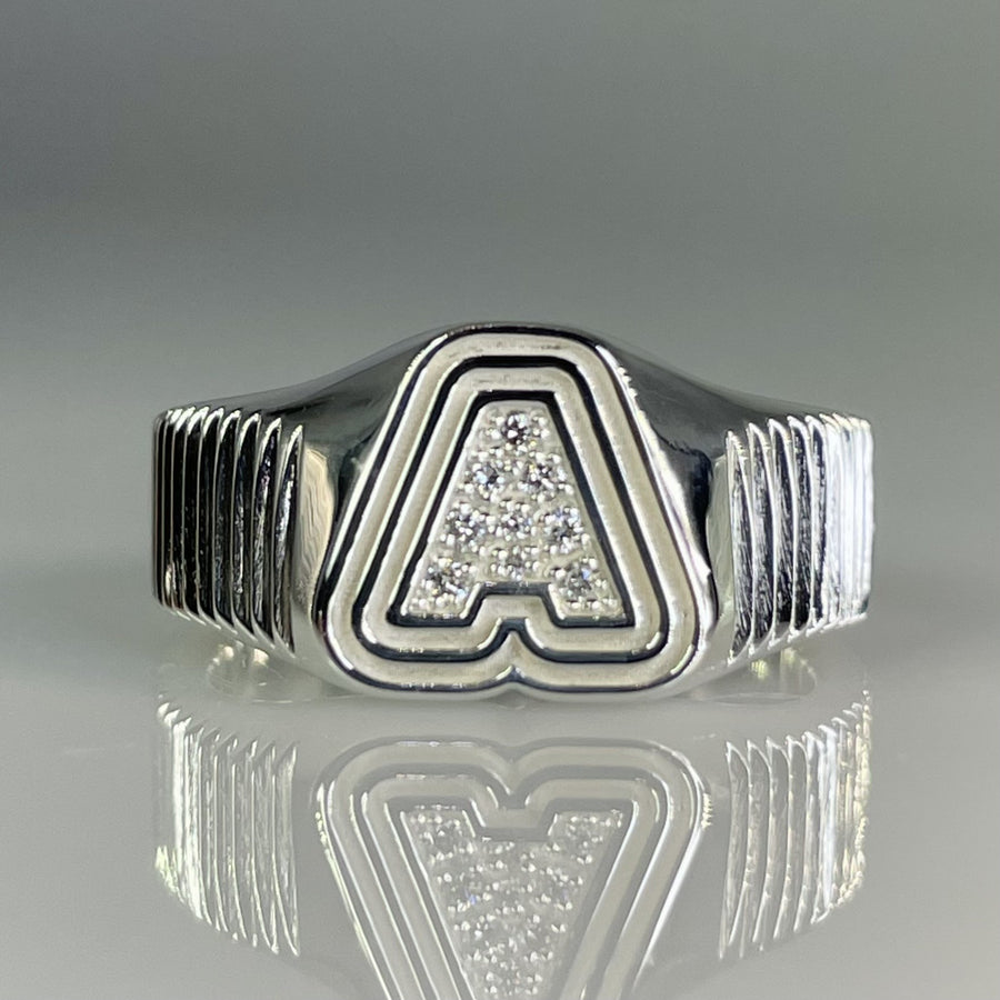 14K White Gold Natural Diamond Initial Ring 0.22ct