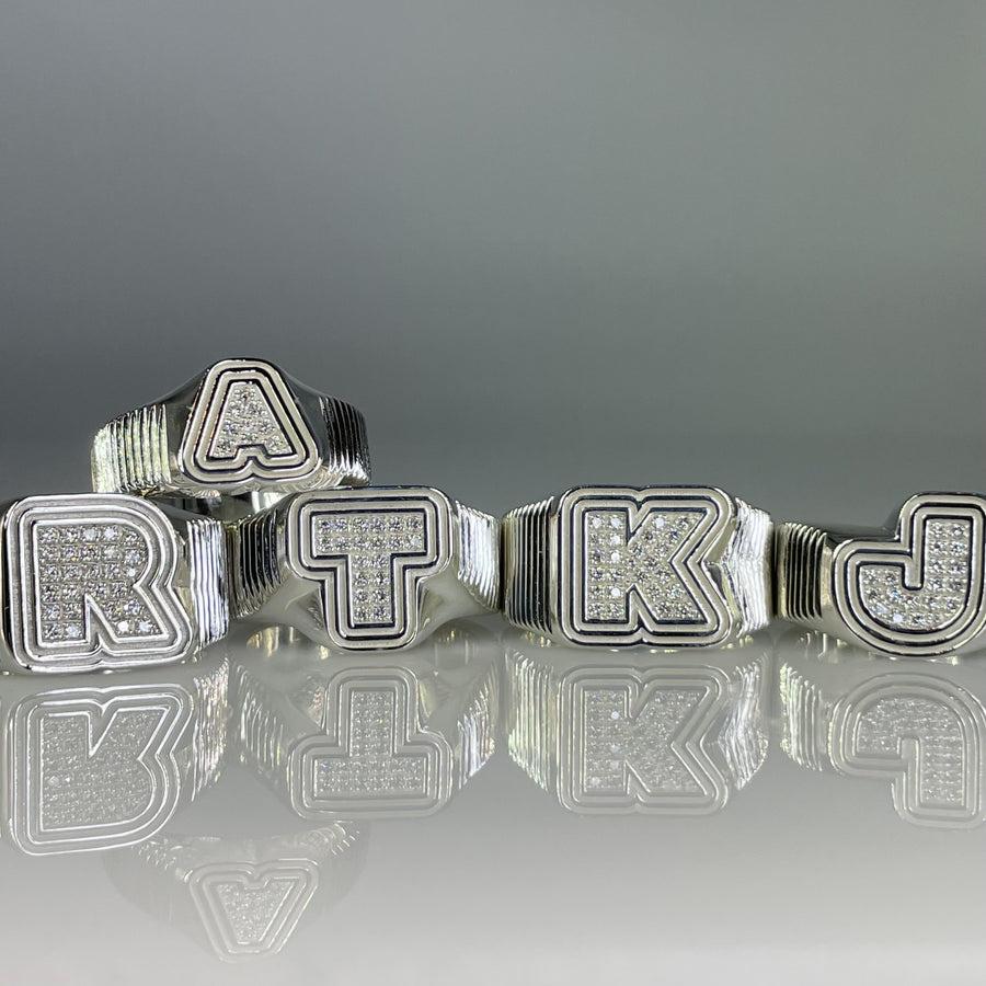 14K White Gold Natural Diamond Initial Ring 0.22ct