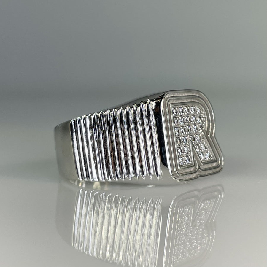 14K White Gold Natural Diamond Initial Ring 0.22ct