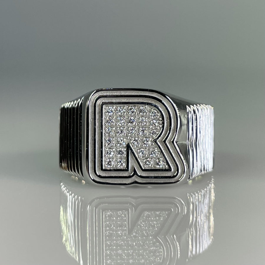 14K White Gold Natural Diamond Initial Ring 0.22ct