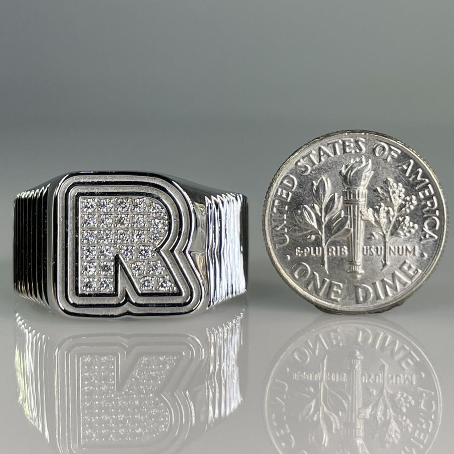 14K White Gold Natural Diamond Initial Ring 0.22ct