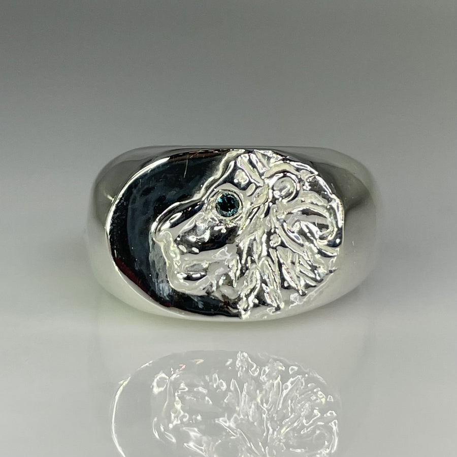Sterling Silver Blue Diamond Lion Signet Ring 0.02ct