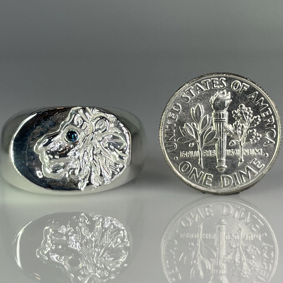 Sterling Silver Blue Diamond Lion Signet Ring 0.02ct