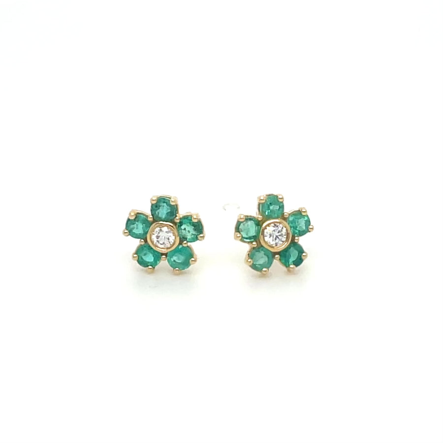 14K Yellow Gold Emerald and Diamond Flower Earrings 0.70/0.10ct
